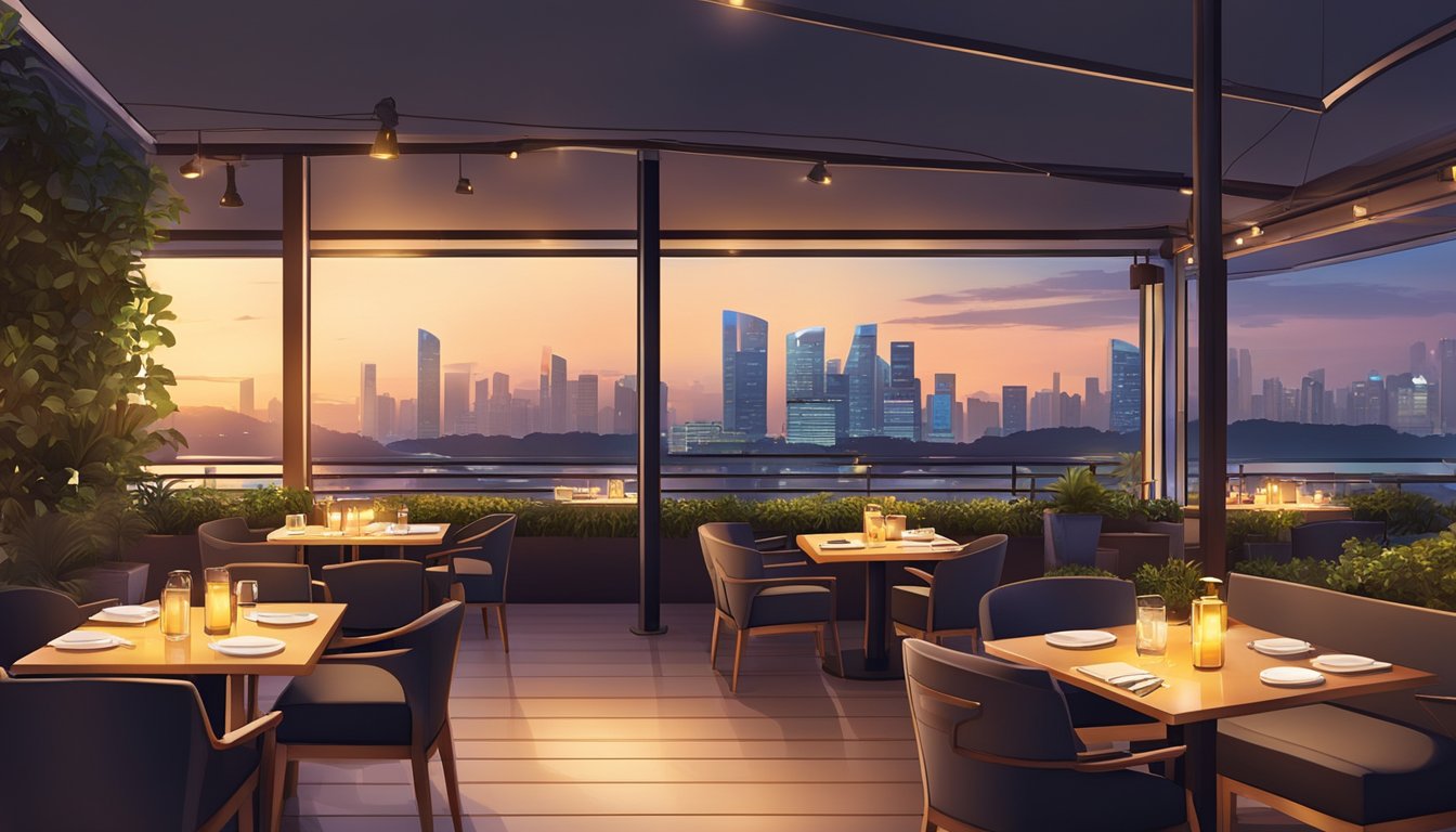 The outdoor terrace of Dusk Restaurant & Bar in Singapore overlooks the city skyline, with warm ambient lighting and a cozy, inviting atmosphere