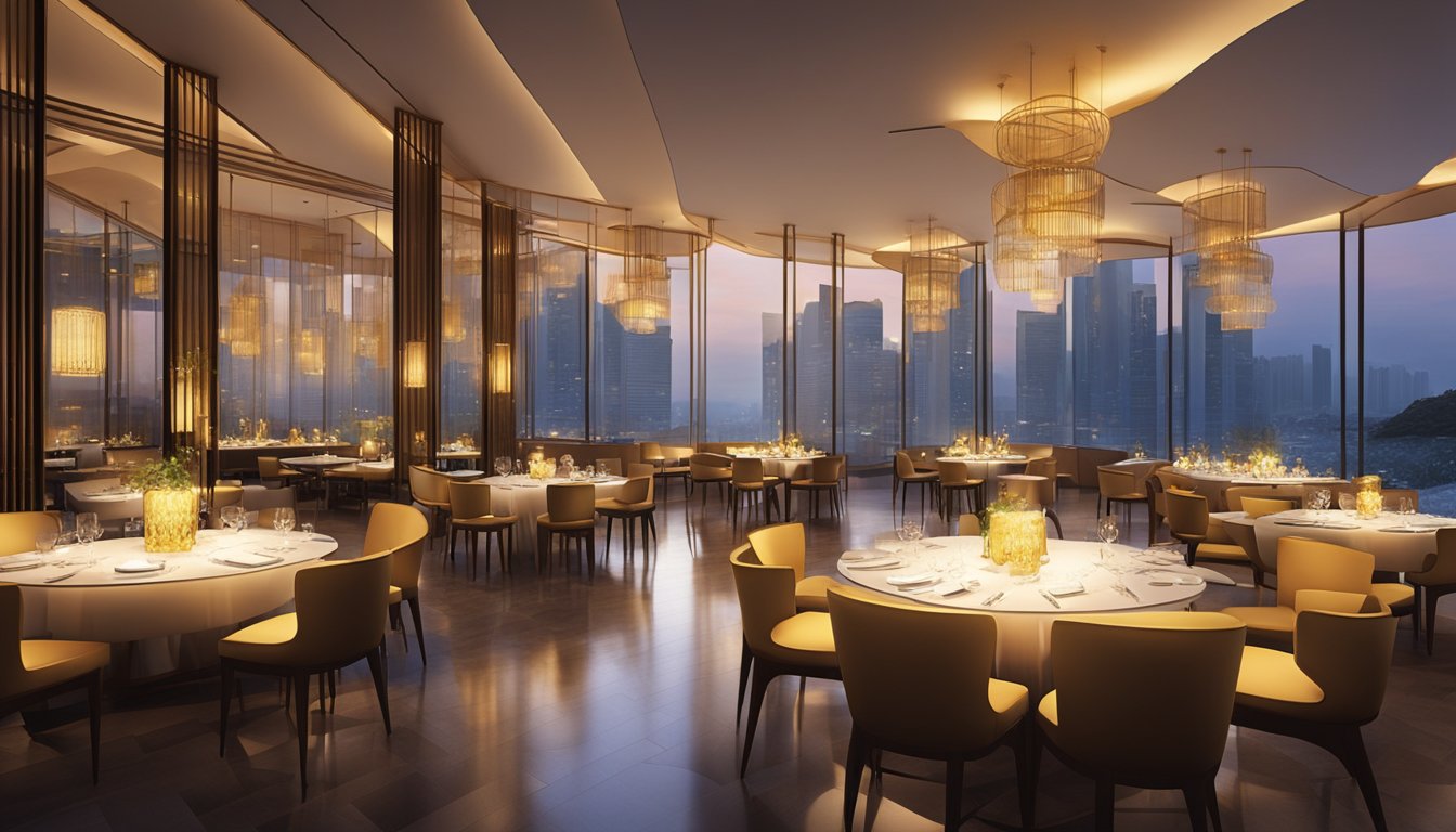 The warm glow of the setting sun filters through the floor-to-ceiling windows, casting a golden hue over the sleek, modern interior of Dusk Restaurant & Bar in Singapore. Tables are set with elegant glassware and flickering candles, creating an inviting