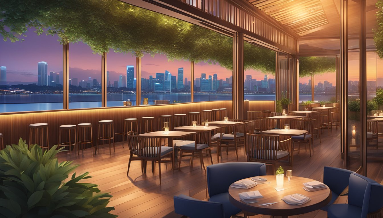 The sun sets behind the iconic skyline of Singapore, casting a warm glow over the outdoor seating area of the Dusk Restaurant & Bar. The sleek, modern design of the space is accented by lush greenery and ambient lighting, creating a sophisticated and