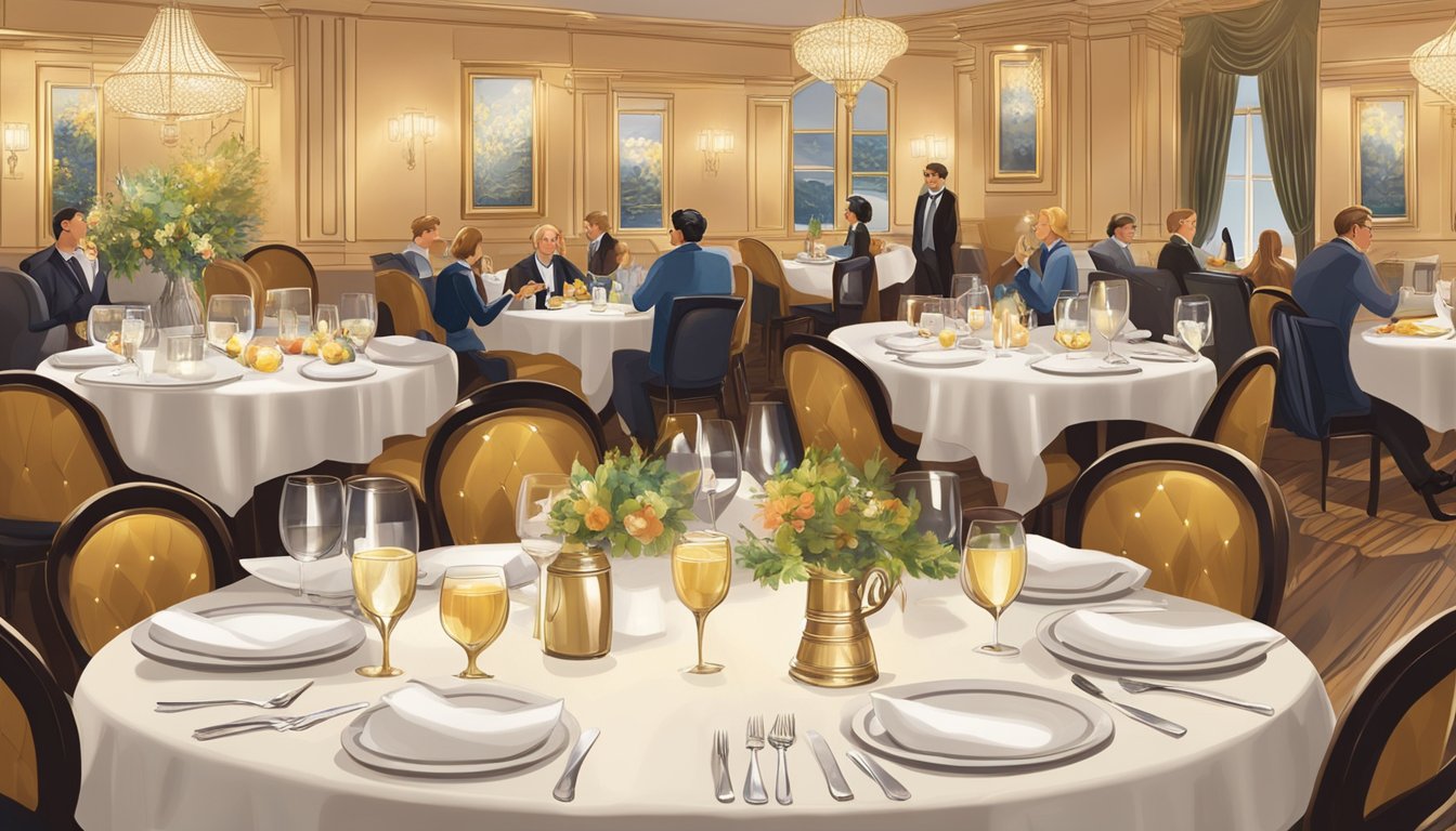 Customers enjoying a meal at Golden Spoon Restaurant, with elegant decor and warm lighting. Tables are set with white tablecloths and sparkling silverware