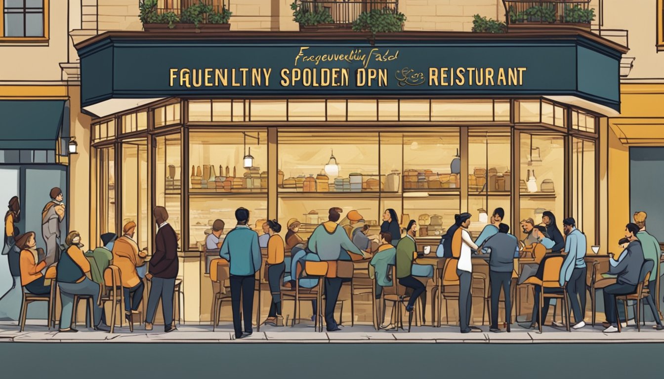 A bustling restaurant with a prominent sign reading "Frequently Asked Questions golden spoon restaurant" and a line of eager diners waiting outside