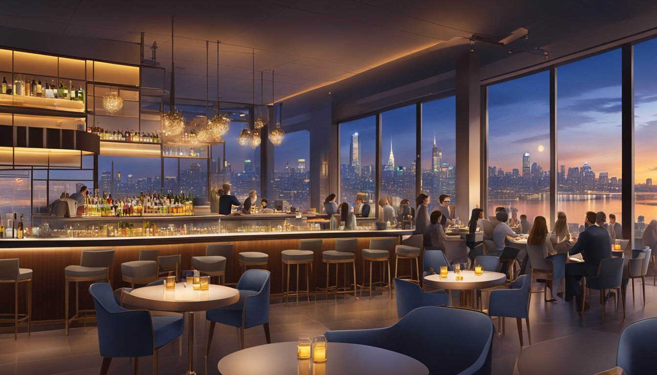 The restaurant & bar is aglow at dusk with warm lighting and bustling activity, while the city skyline provides a stunning backdrop
