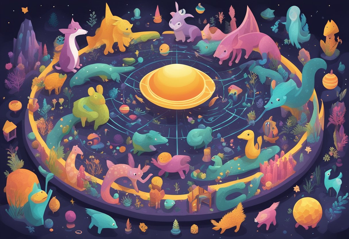 A colorful array of imaginary creatures and objects swirl around a glowing orb, surrounded by whimsical lettering and playful symbols
