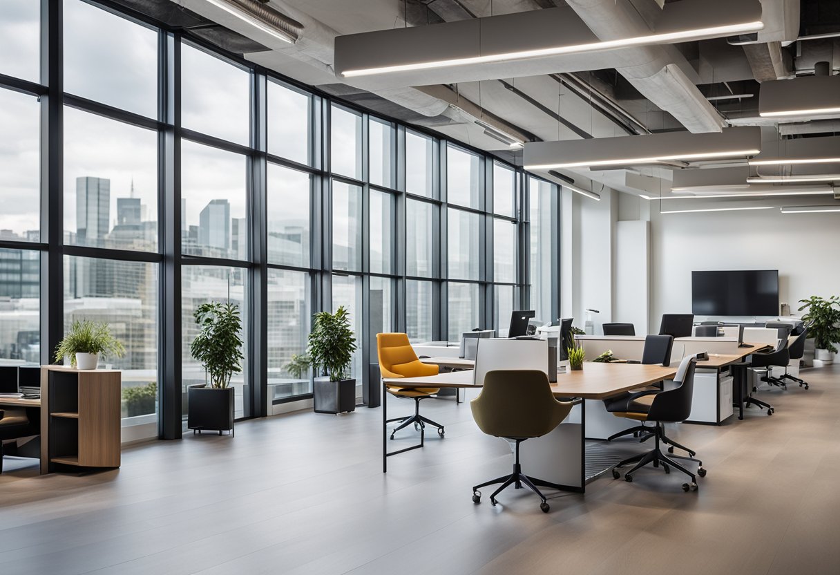 A sleek, modern office space with floor-to-ceiling windows, minimalist furniture, and pops of vibrant color. A feature wall showcases previous award-winning designs