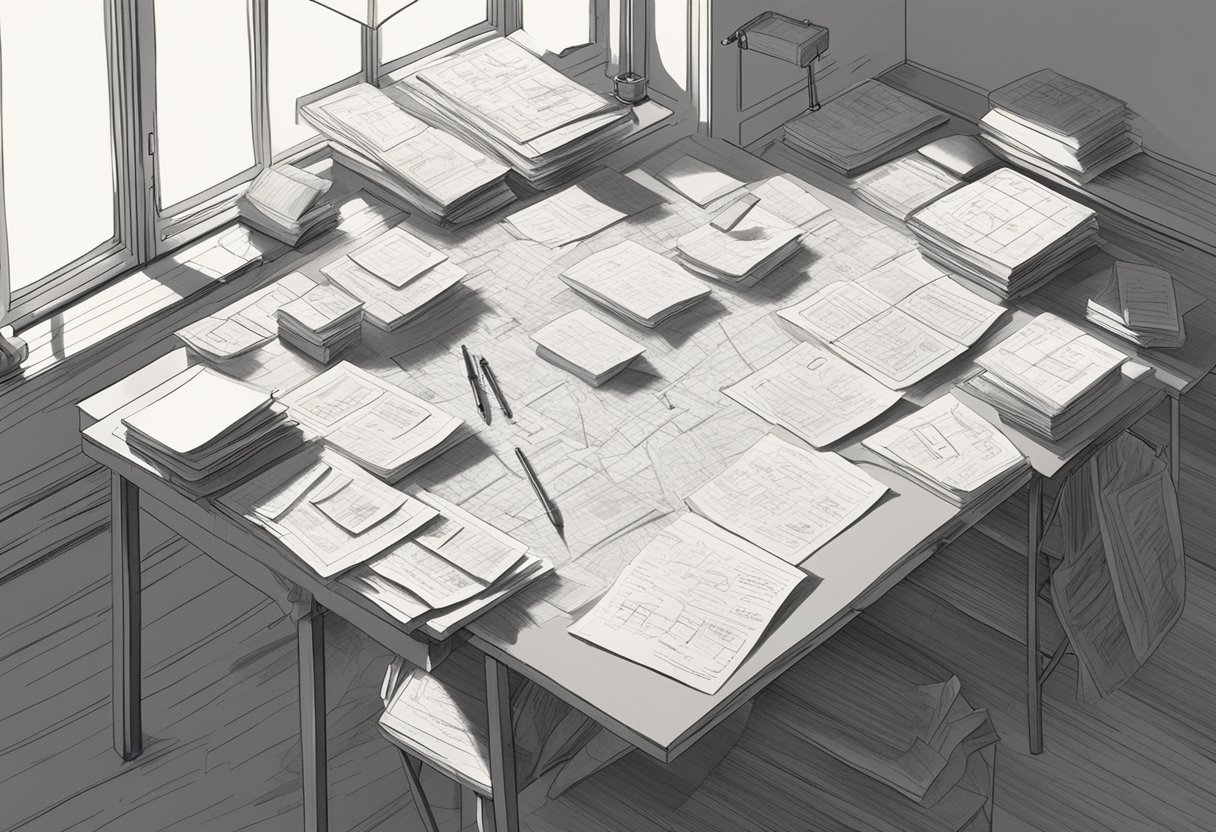 A table covered in papers with scribbled names, a pencil, and a brainstorming chart. Light streams in from a nearby window, casting shadows on the cluttered desk