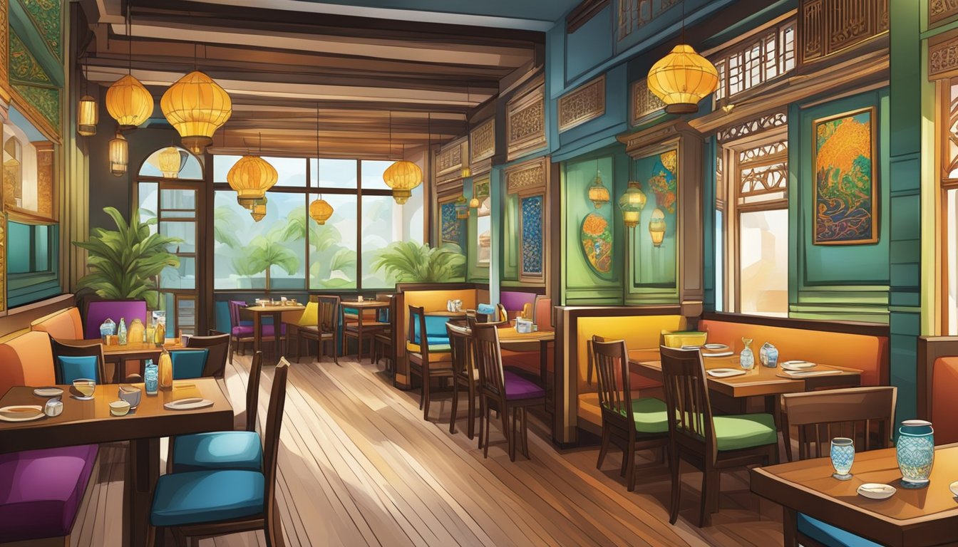 An inviting halal Indonesian restaurant in Singapore with colorful decor and traditional artwork on the walls. Aromatic scents of spices and sizzling dishes fill the air