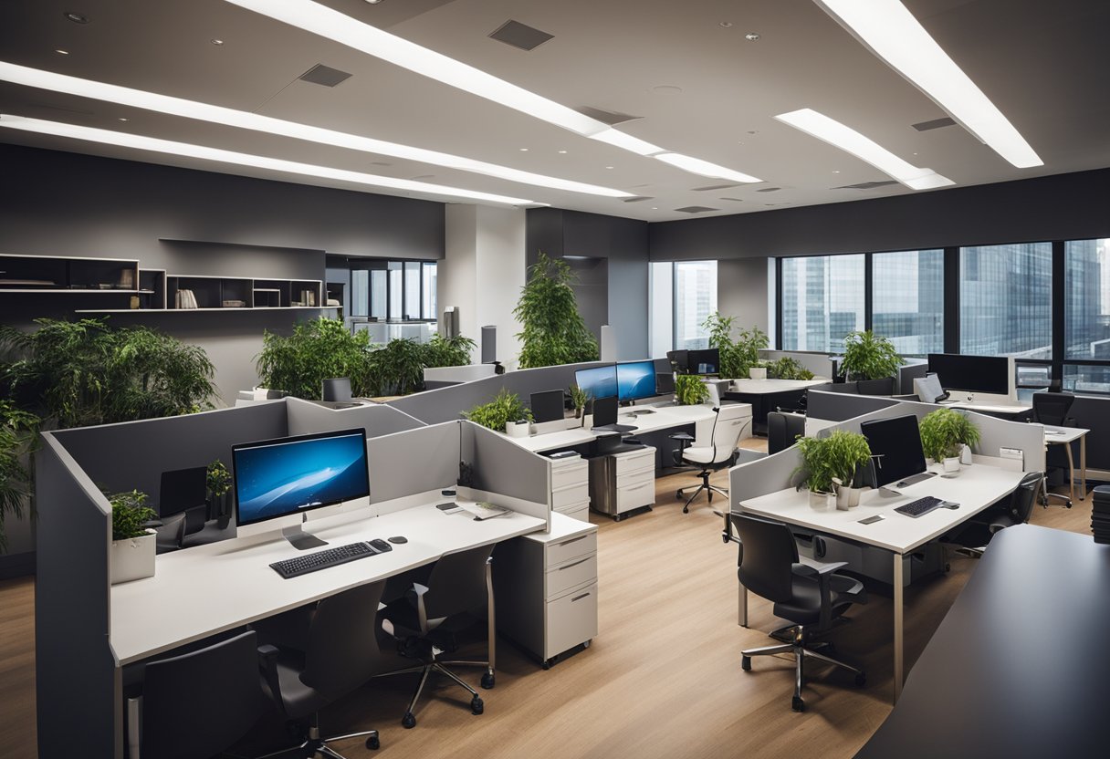 A modern office space with open layout, natural light, and collaborative work areas. Innovative furniture and technology integration