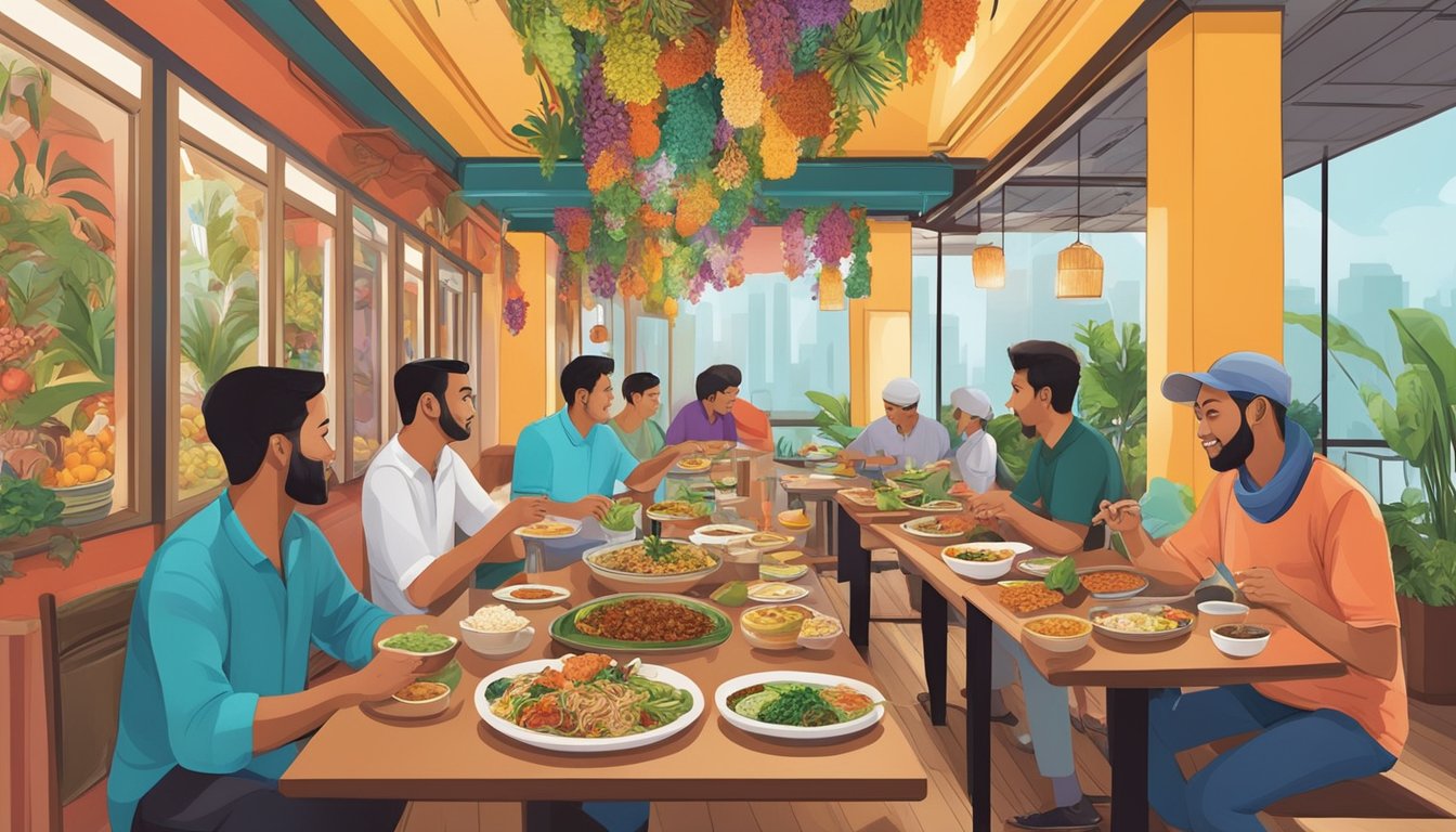 Customers savoring diverse Indonesian dishes in a vibrant halal restaurant in Singapore, with colorful decor and aromatic spices filling the air