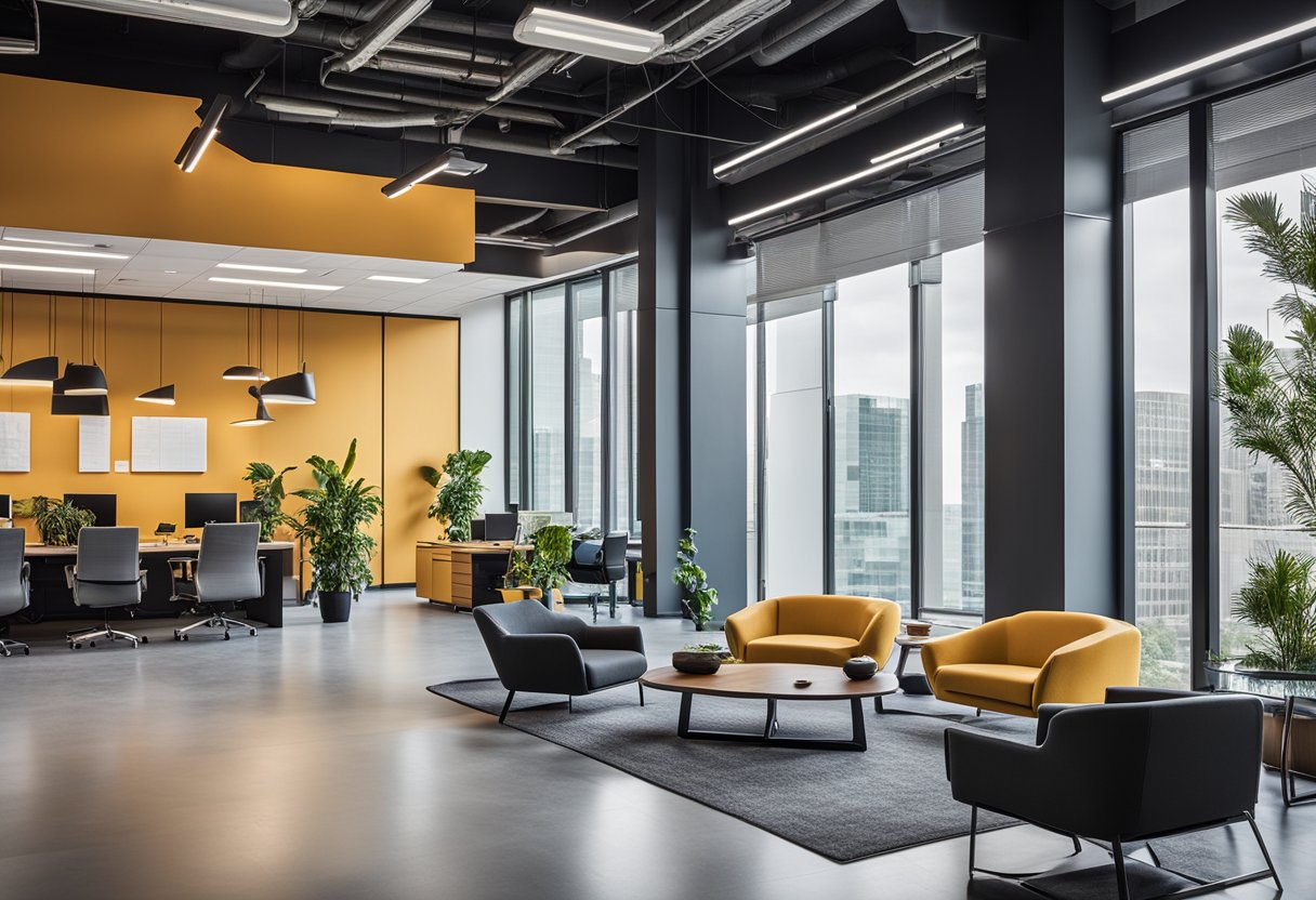 A modern office space with sleek furniture, vibrant accent colors, and large windows offering natural light. A prominent display showcasing "Frequently Asked Questions Office Design Awards" is mounted on the wall