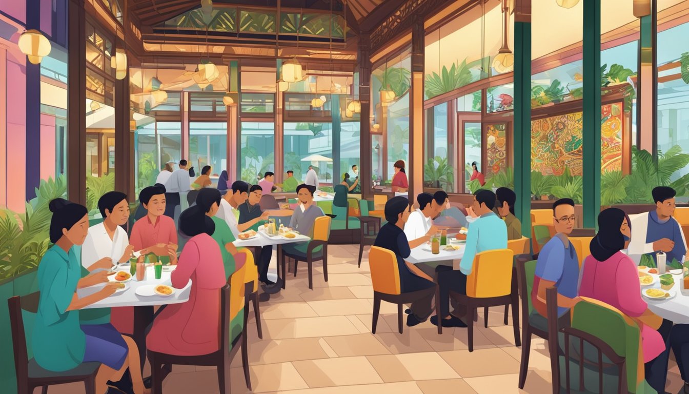 A bustling halal Indonesian restaurant in Singapore, with colorful decor and diners enjoying traditional dishes