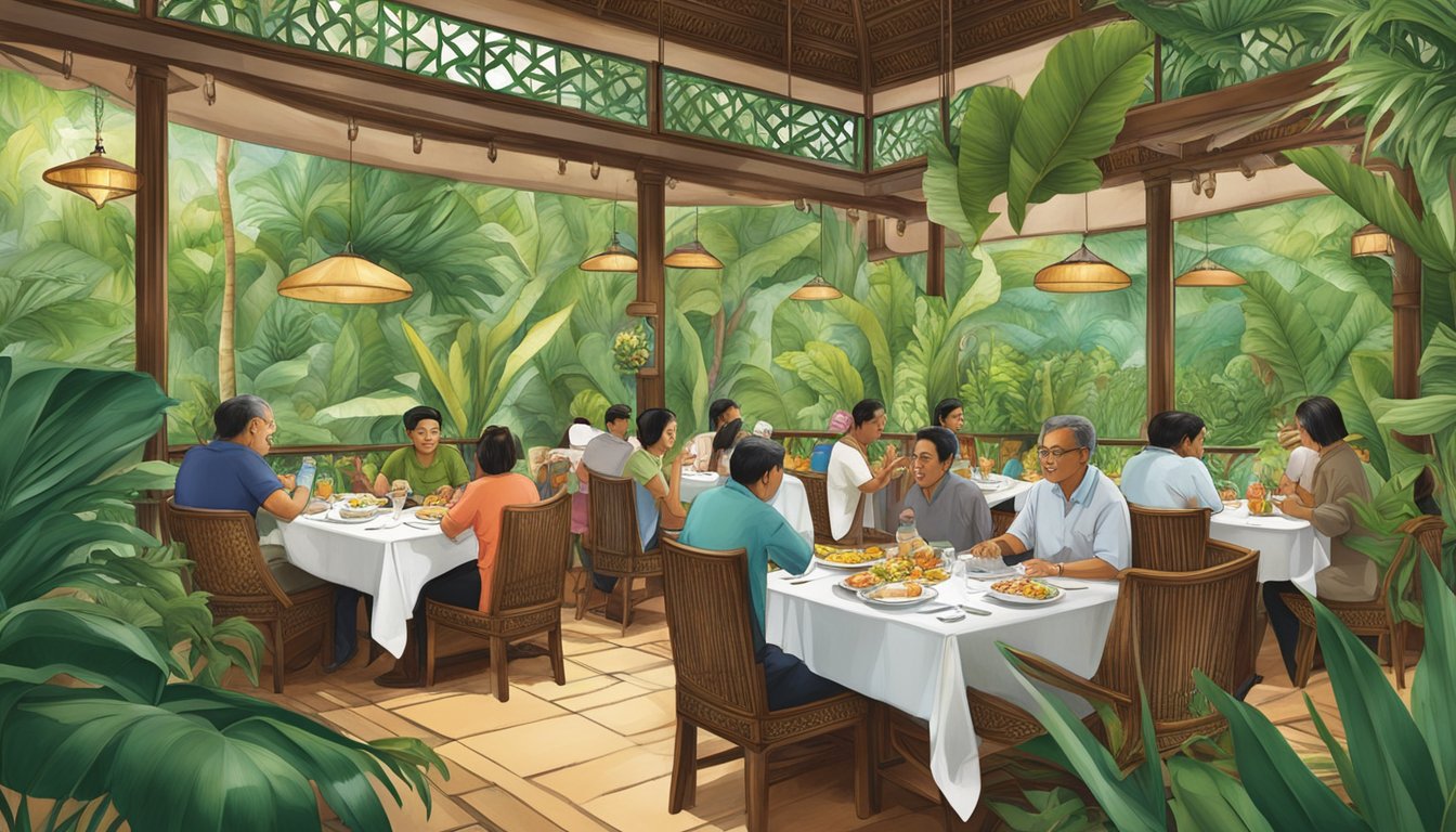 Customers dining at Harum Manis restaurant, surrounded by lush tropical decor and the aroma of delicious Malaysian cuisine