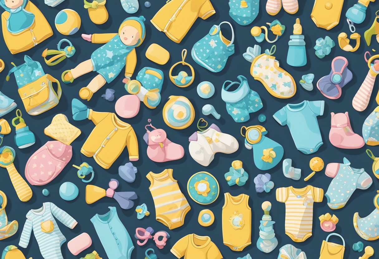 A colorful array of baby-related items, such as pacifiers, rattles, and onesies, arranged in a playful and whimsical manner