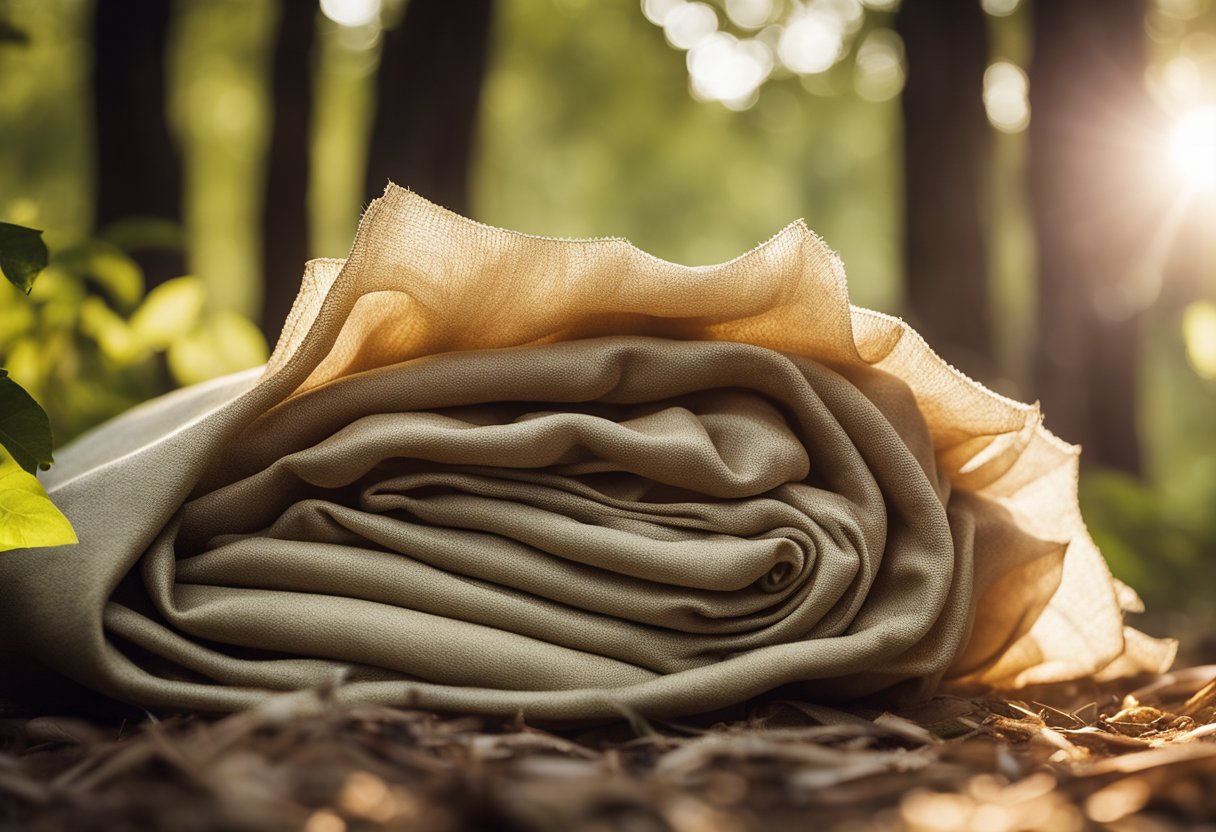 A pile of biodegradable material, soft and flowing, lies in a natural setting with sunlight filtering through the trees