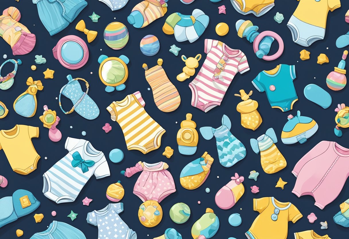 A colorful array of baby-related items, such as pacifiers, rattles, and onesies, arranged in a playful and whimsical manner