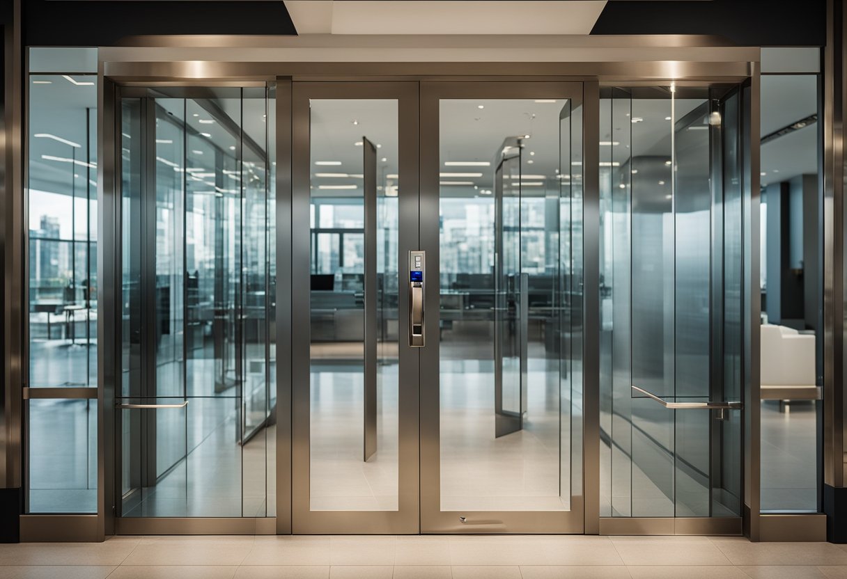 A sleek glass door with metallic accents and a modern handle. The company logo is etched onto the glass, and a digital keypad is mounted to the side