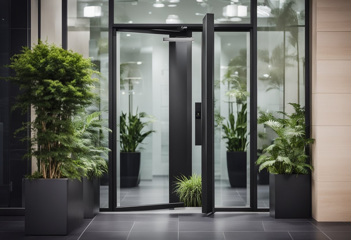 A modern glass door with sleek metal handles and a minimalist logo plaque. The door is flanked by tall potted plants and illuminated by recessed lighting