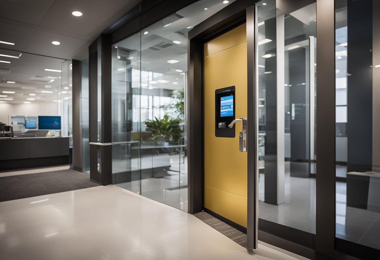 A sleek, modern office entrance door with a keycard reader, handle, and signage. The door is framed by glass panels and lit by recessed overhead lights