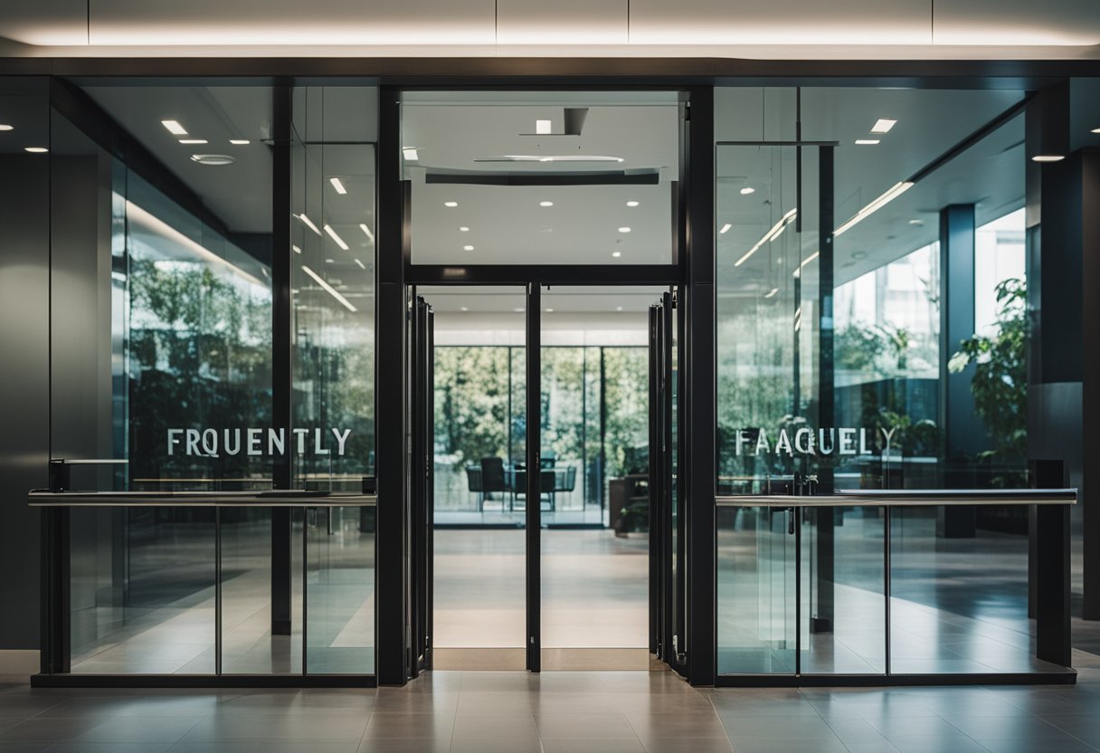 A modern glass entrance door with "Frequently Asked Questions" in bold lettering and a sleek, minimalist design
