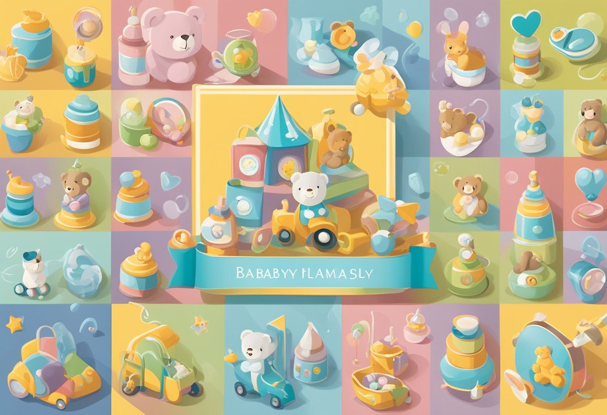 A collection of short boy baby names displayed on a colorful banner with playful and whimsical fonts, surrounded by baby-themed illustrations like rattles, teddy bears, and baby bottles