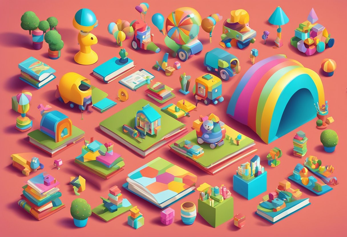 A collection of colorful and playful objects, like toys, books, and animals, arranged in a cheerful and lively manner