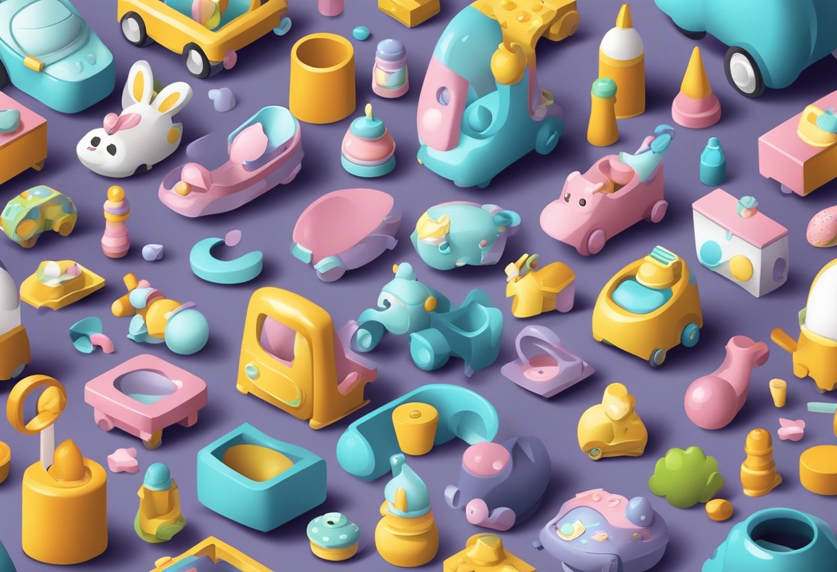 A group of colorful baby items arranged in a playful and whimsical manner, with a focus on small and cute objects