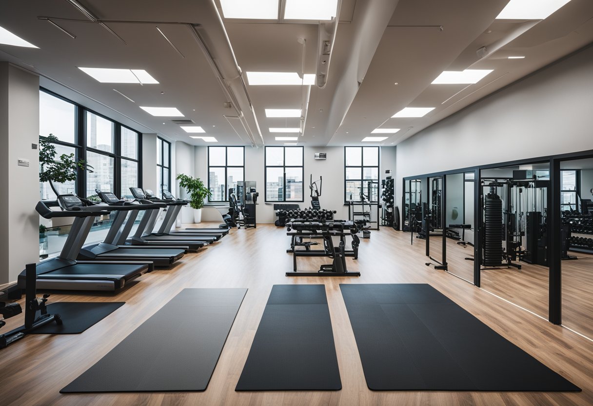 An office gym with modern equipment and bright lighting, featuring a sleek design with motivational quotes on the walls and a designated area for stretching and yoga