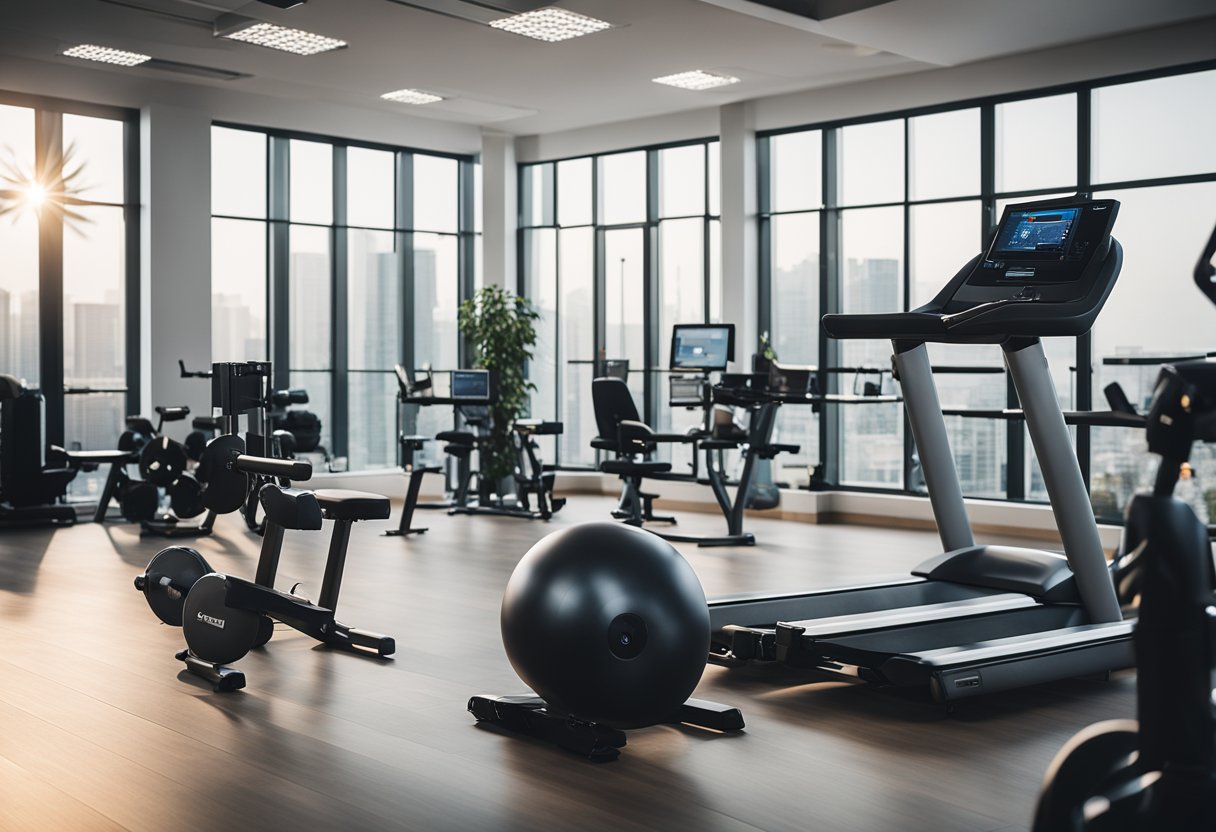 A spacious office gym with modern equipment, bright lighting, and motivational wall art