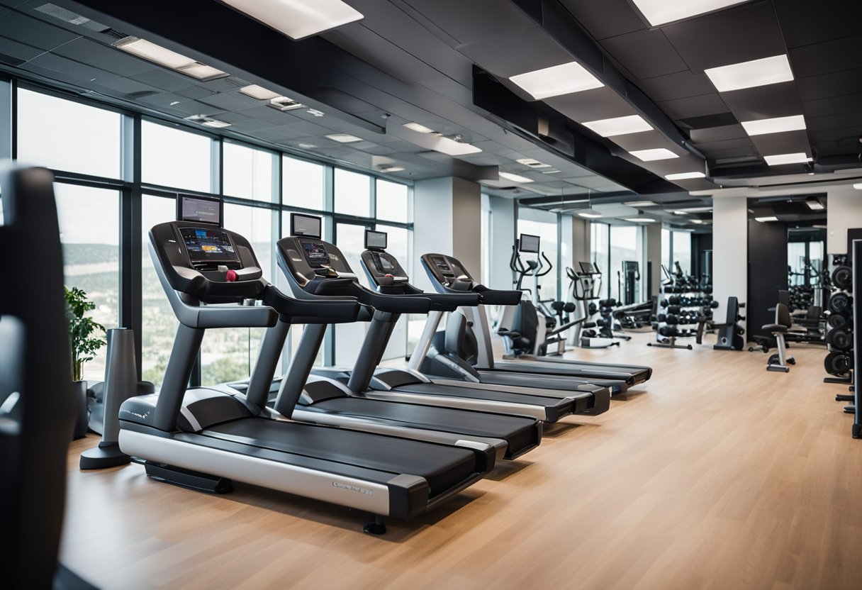 An office gym with modern equipment, natural lighting, and vibrant colors. Open space layout with designated areas for cardio, strength training, and stretching