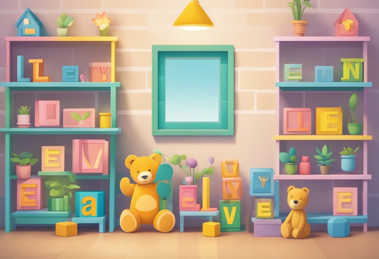 Colorful blocks spell out "Lily" and "Eve" on a nursery shelf. A small teddy bear sits beside them