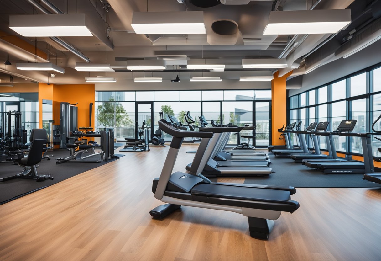 A modern office gym with sleek equipment and vibrant colors. Open floor plan with designated areas for cardio, strength training, and stretching. Bright lighting and motivational posters on the walls