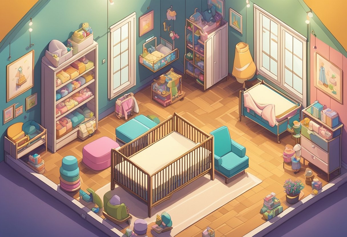 A nursery with colorful name signs on the wall, small baby items, and a cozy crib