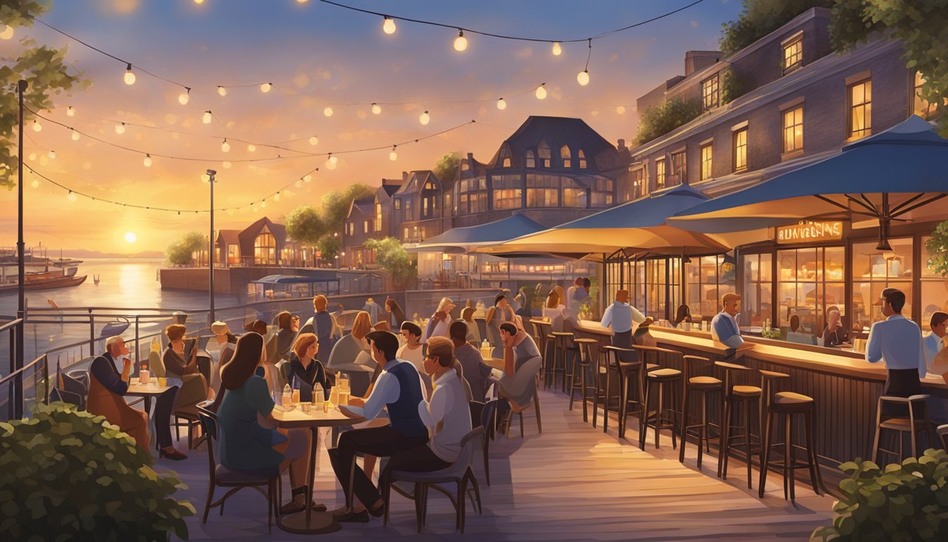 The quayside isle restaurants bustle with diners and waitstaff, as the sun sets over the waterfront. The outdoor seating area is illuminated by soft, warm lights, creating a cozy and inviting atmosphere