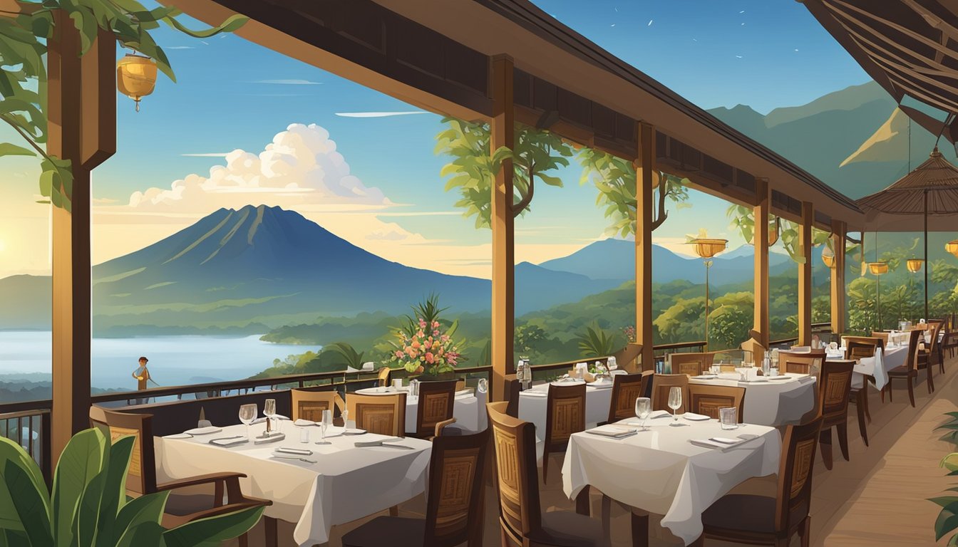 A bustling restaurant with a breathtaking view of Mount Batur. Tables are set with elegant tableware, and the aroma of Balinese cuisine fills the air. Servers move gracefully, attending to guests with warm hospitality