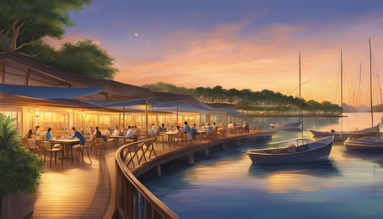 The sun sets over the tranquil waters of Sentosa Cove, casting a warm glow on the quayside isle restaurants as diners enjoy a leisurely evening by the waterfront