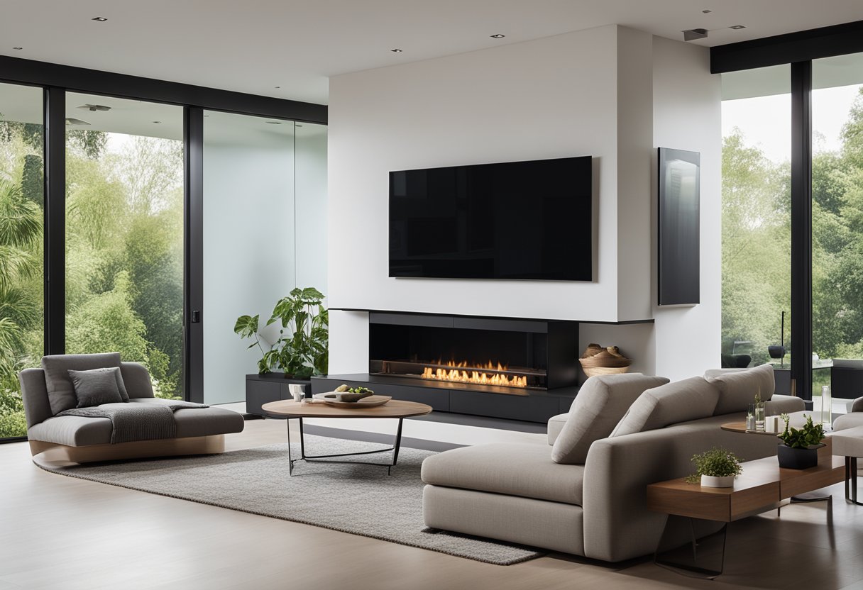 A modern living room with sleek furniture, a large flat-screen TV, and a minimalist fireplace. The room is bathed in natural light from floor-to-ceiling windows, with a view of a lush garden