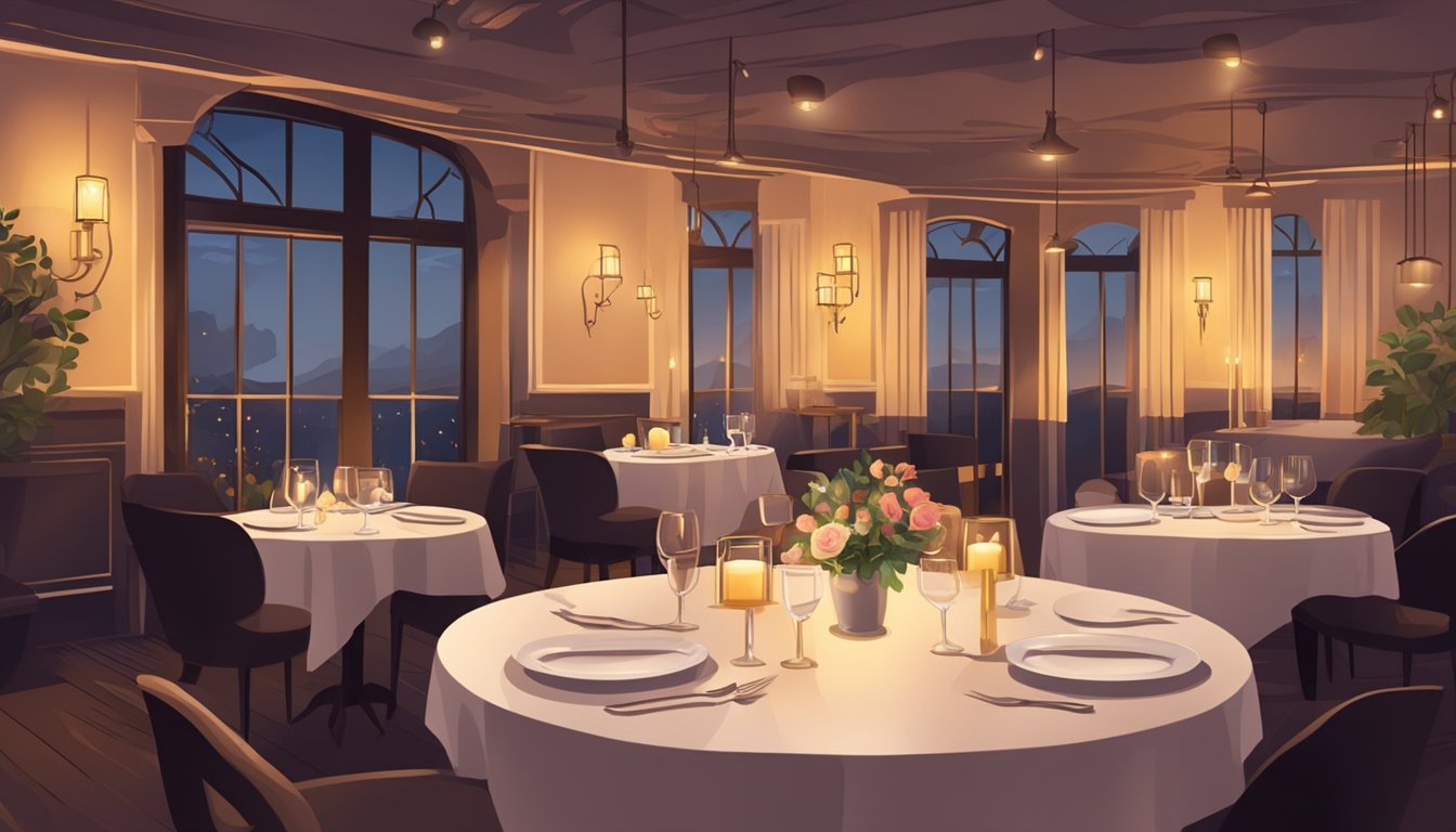 Tables set with elegant dishes, soft candlelight, and cozy ambiance. A waiter serves a couple at a romantic dining restaurant