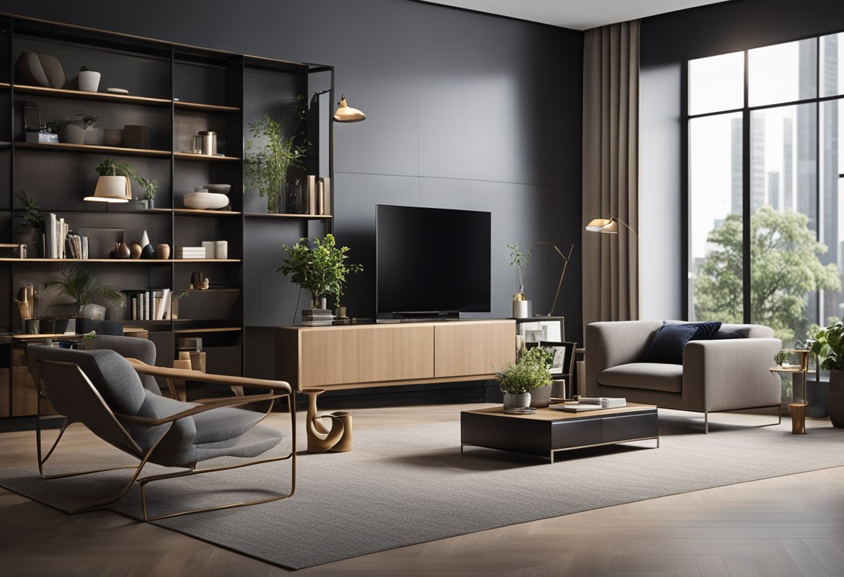 A modern living room with sleek furniture, a large TV mounted on the wall, and a stylish showcase displaying decorative items and books
