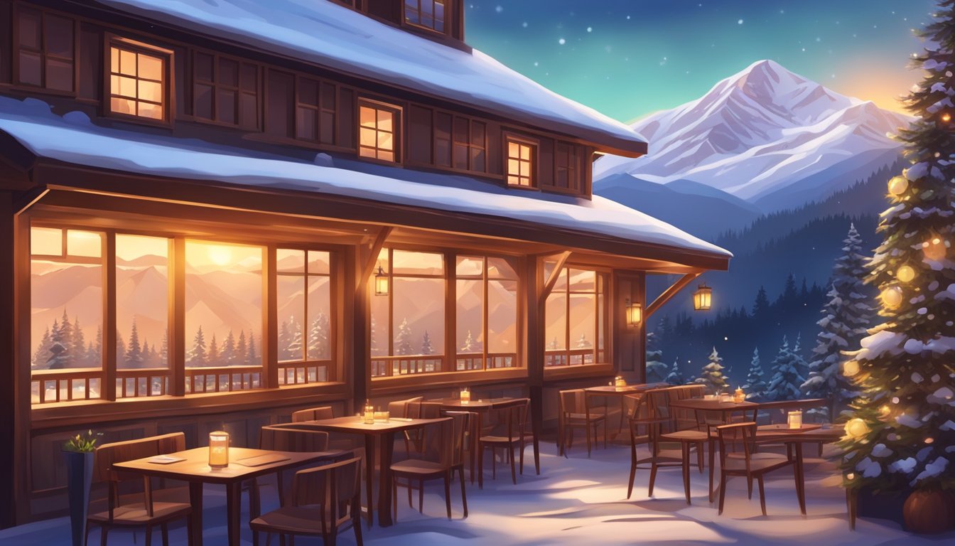 A cozy mountain restaurant nestled among pine trees with a panoramic view of snow-capped peaks and a warm glow emanating from its windows