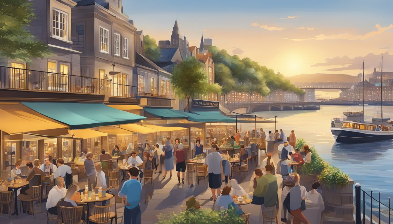 A bustling quayside isle with waterfront restaurants and a crowd of diners enjoying the scenic views