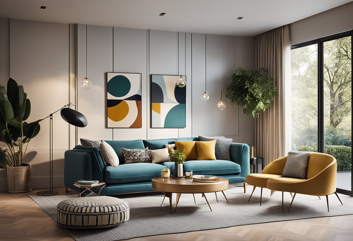 A modern living room with sleek furniture, vibrant colors, and geometric patterns. Natural light floods the space, highlighting the stylish showcase filled with elegant decor and art pieces