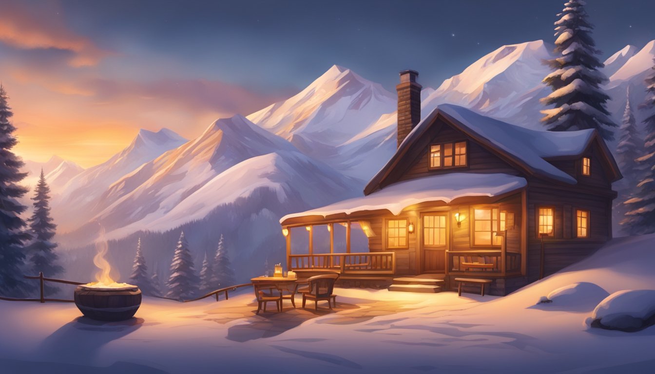 A cozy mountain restaurant nestled among snow-capped peaks, with a warm glow emanating from its windows and a welcoming smoke rising from the chimney