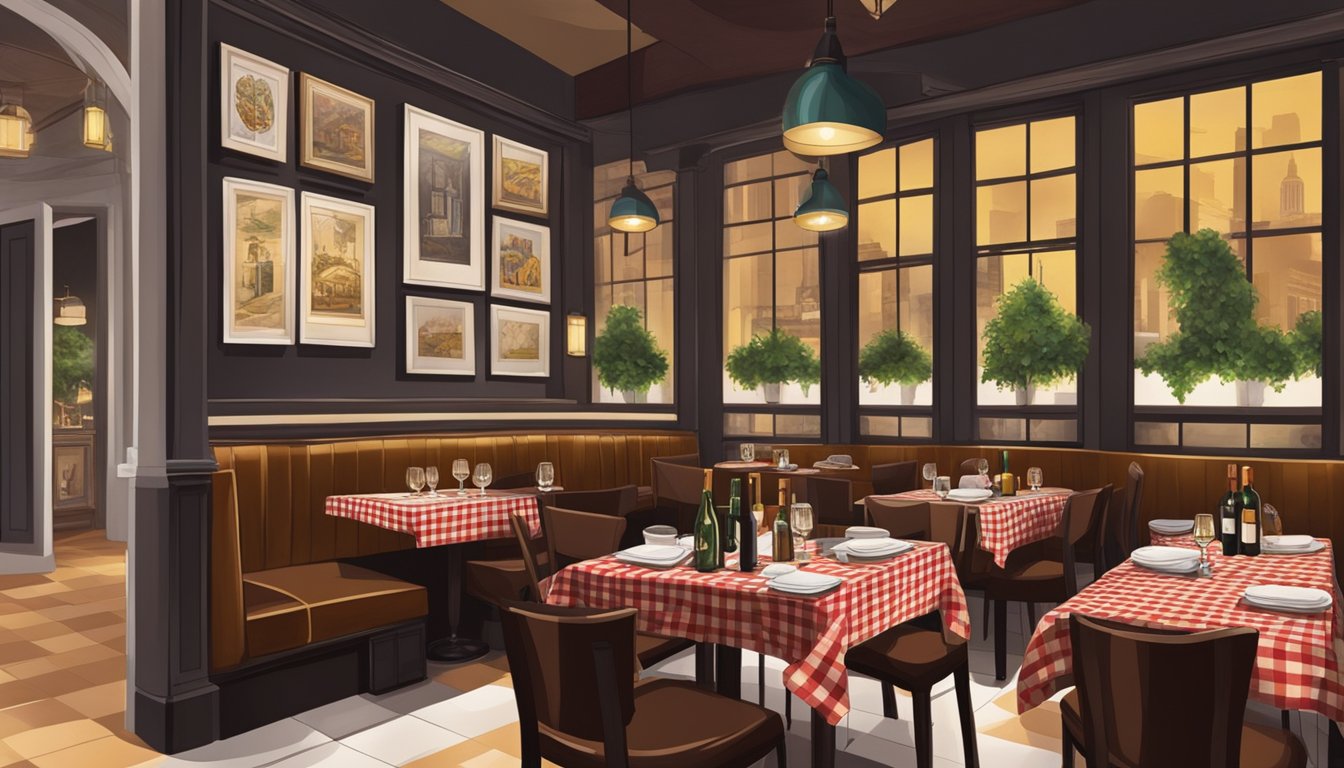 A cozy Italian restaurant in Singapore with dim lighting, checkered tablecloths, and a wall adorned with vintage wine bottles and art