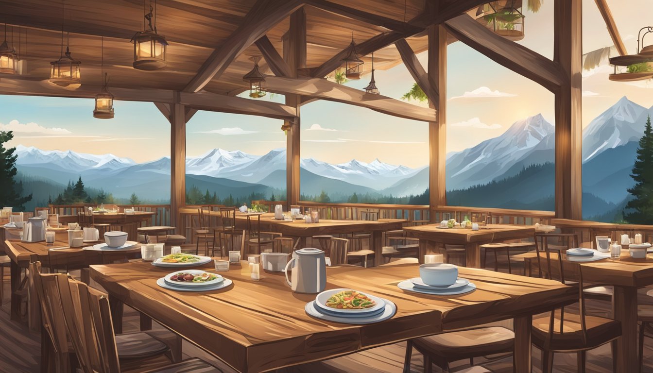 A mountain restaurant with signature dishes and ingredients displayed on rustic wooden tables, surrounded by stunning panoramic views of the peaks