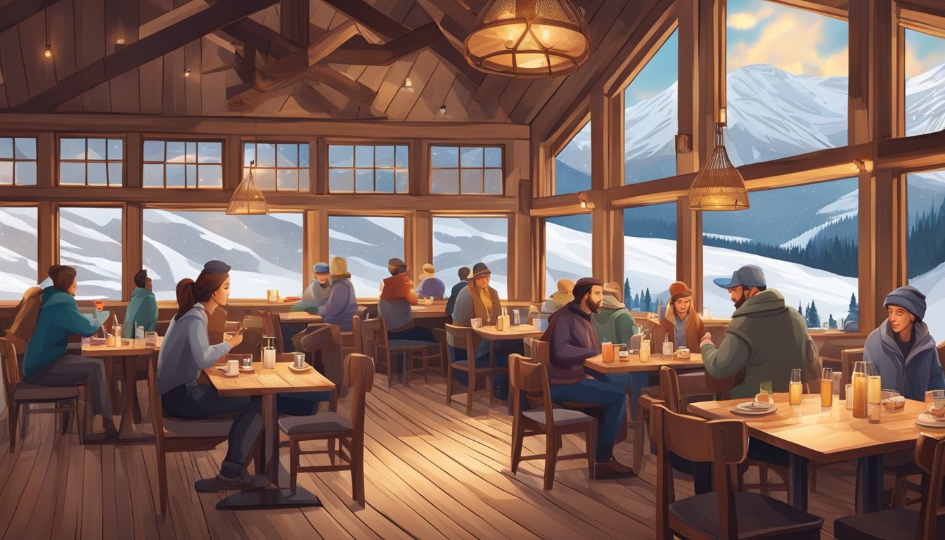 A cozy mountain restaurant with a rustic wooden interior, large windows overlooking snowy peaks, and a bustling atmosphere with diners enjoying hot meals and drinks