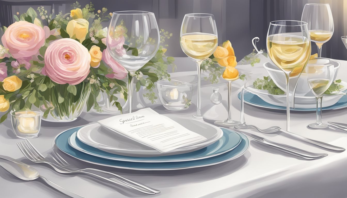 A beautifully set table with elegant dinnerware, sparkling glassware, and a centerpiece of fresh flowers. A menu featuring gourmet dishes for special occasions