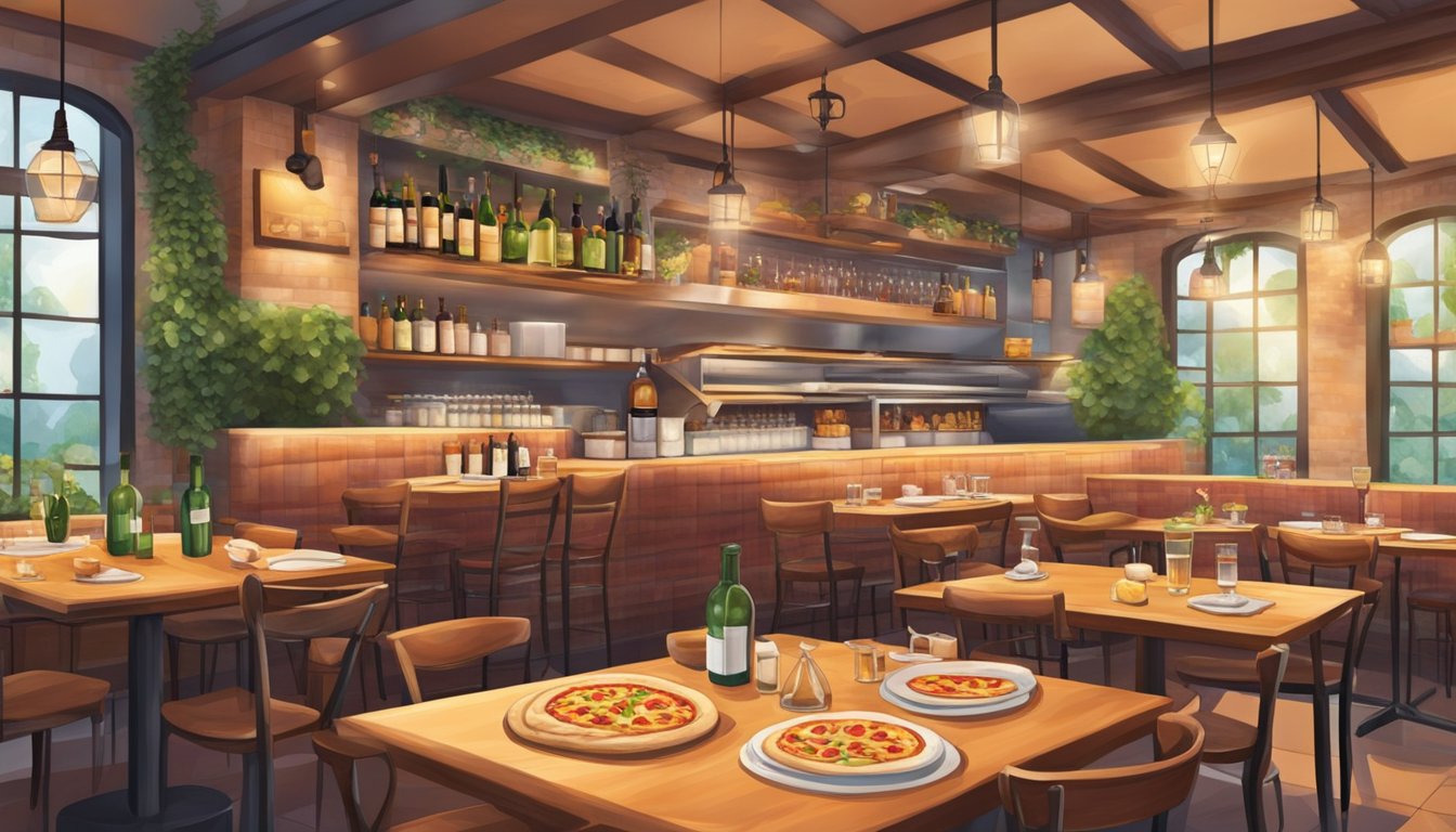 A cozy Italian restaurant in Singapore, with checkered tablecloths, wine bottles on the shelves, and the aroma of freshly baked pizza in the air