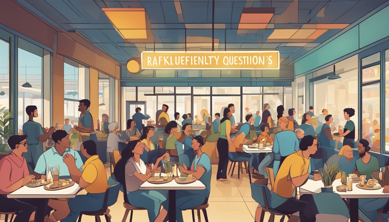 A crowded restaurant with a sign reading "Frequently Asked Questions" and people enjoying dining