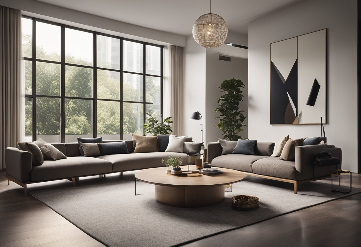 A modern living room with minimalist furniture, a sleek showcase displaying various decorative items, and ample natural light streaming in through large windows