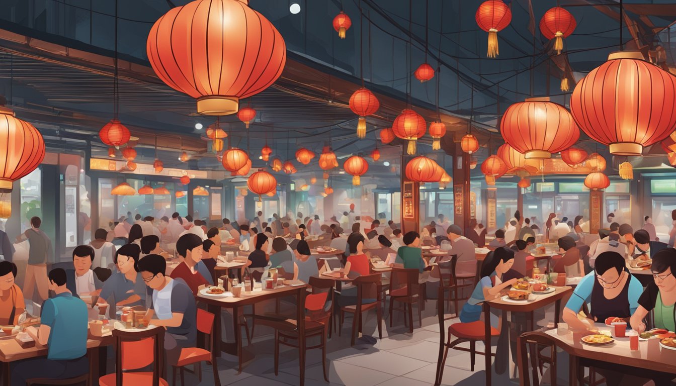 A bustling Singapore chilli crab restaurant with steaming pots, red lanterns, and crowded tables