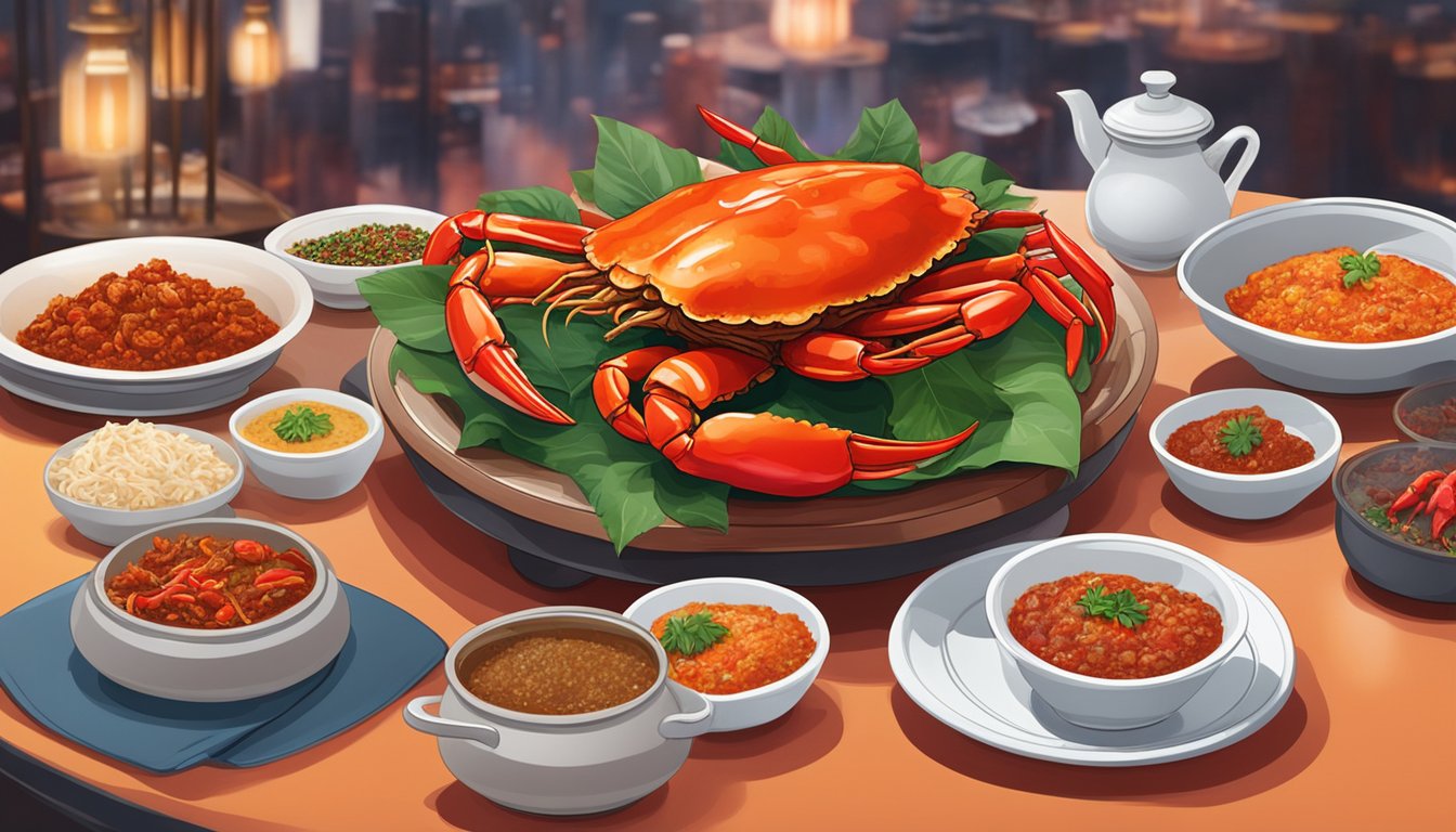 A steaming plate of Singapore's famous chilli crab sits on a table in a bustling restaurant, surrounded by vibrant red chillies and aromatic spices
